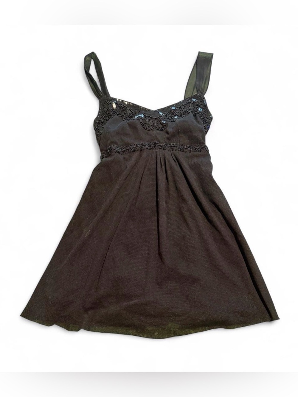 Y2K rare vintage Express black beaded babydoll top with lace trim and sequins, s